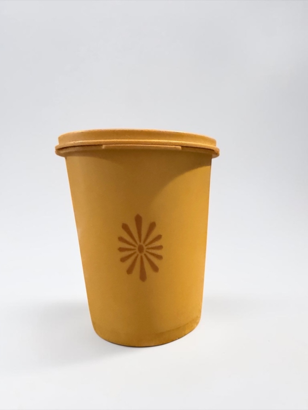 Vintage 1970s Tupperware Harvest Gold Canister with Sunburst Lid – Retro MCM